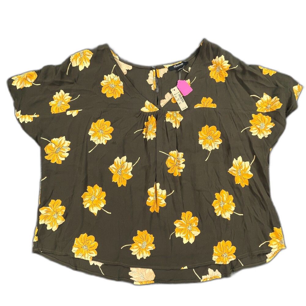 NWT Madewell Rhyme Flowers Blouse Small Olive Green Viscose Floral V-Neck Top